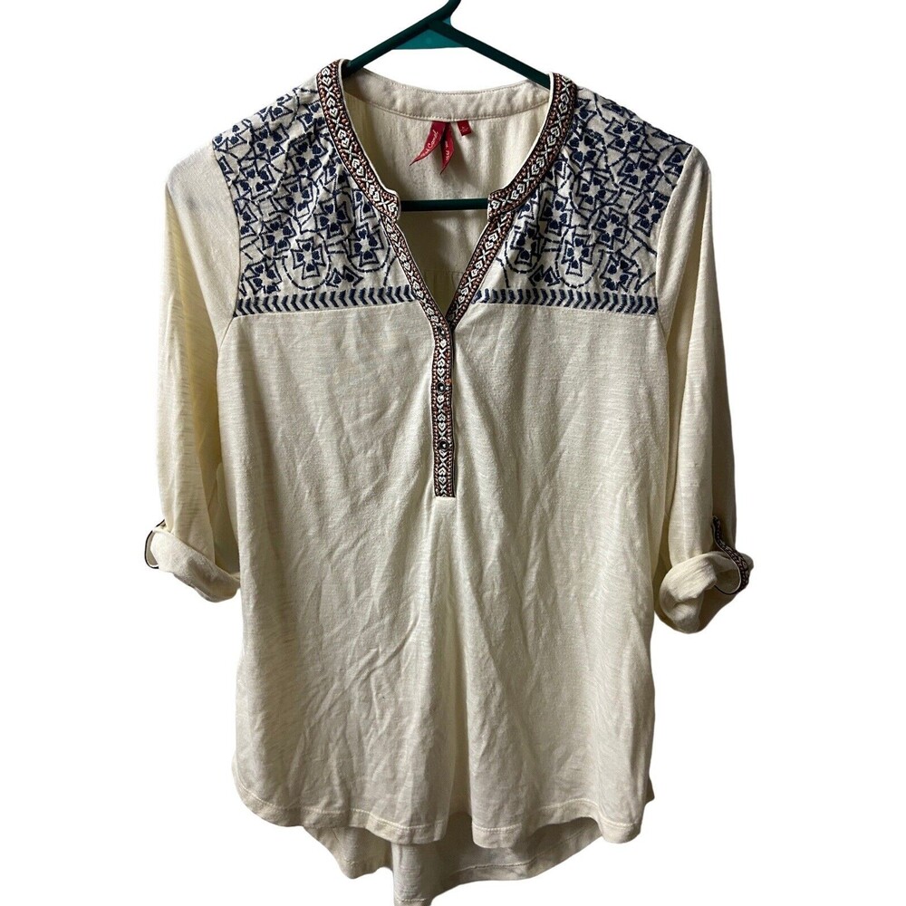 Red Camel Peasant Top Womens Size L Off White Boho  V Neck Burner Embroidered